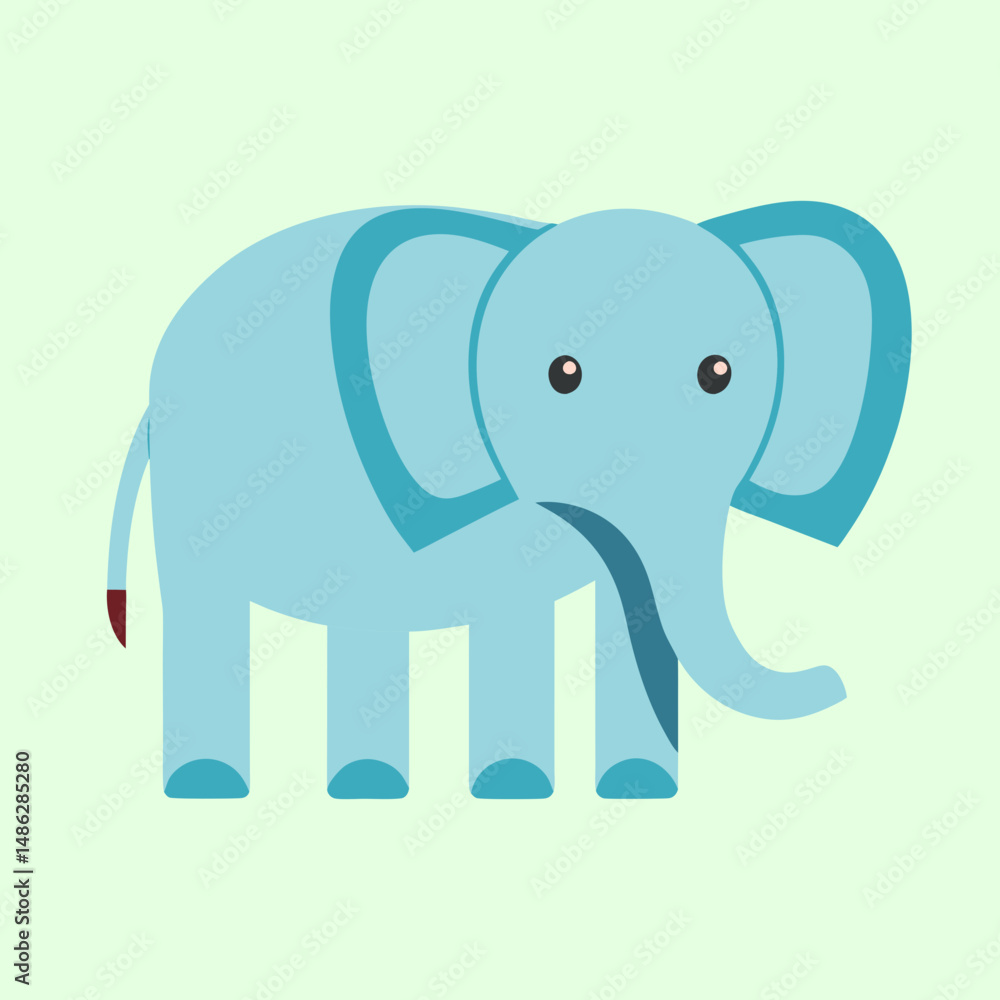 Cute Blue Cartoon Elephant Standing on Light Green Background in Flat Design Cute Blue Cartoon Elephant Standing on Light Green Background in Flat Design