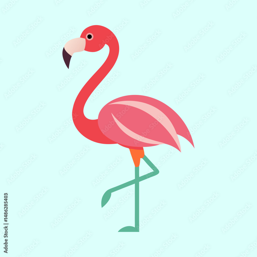 Fototapeta premium Stylized Flamingo Standing on One Leg against Light Blue Background Illustration
