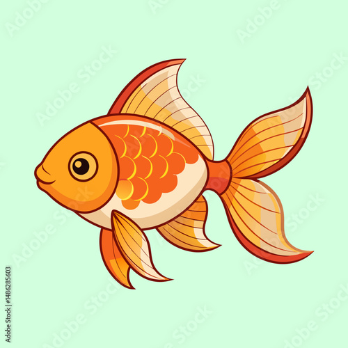 Cartoon goldfish swimming gracefully on light green background, illustration, cheerful