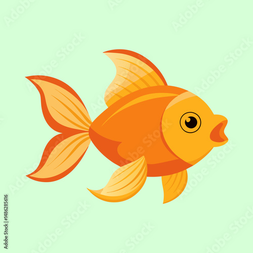 Cartoon Illustration of a Single Goldfish Swimming on a Light Green Background