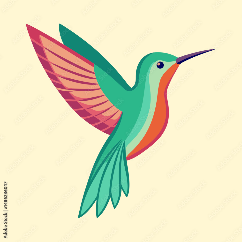Obraz premium Stylized Hummingbird Illustration with Colorful Wings and Body on Neutral Background