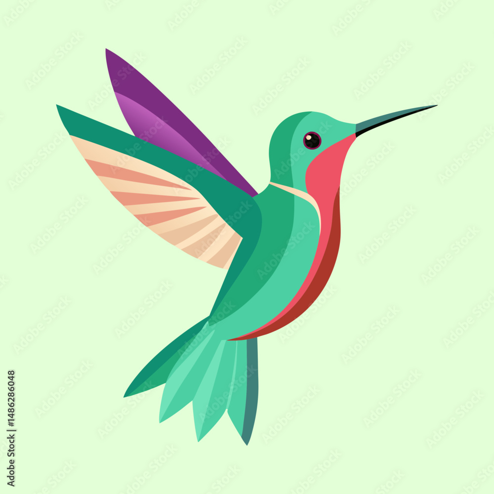 Obraz premium Stylized Vector Hummingbird with Colorful Geometric Shapes Against Pale Green Background