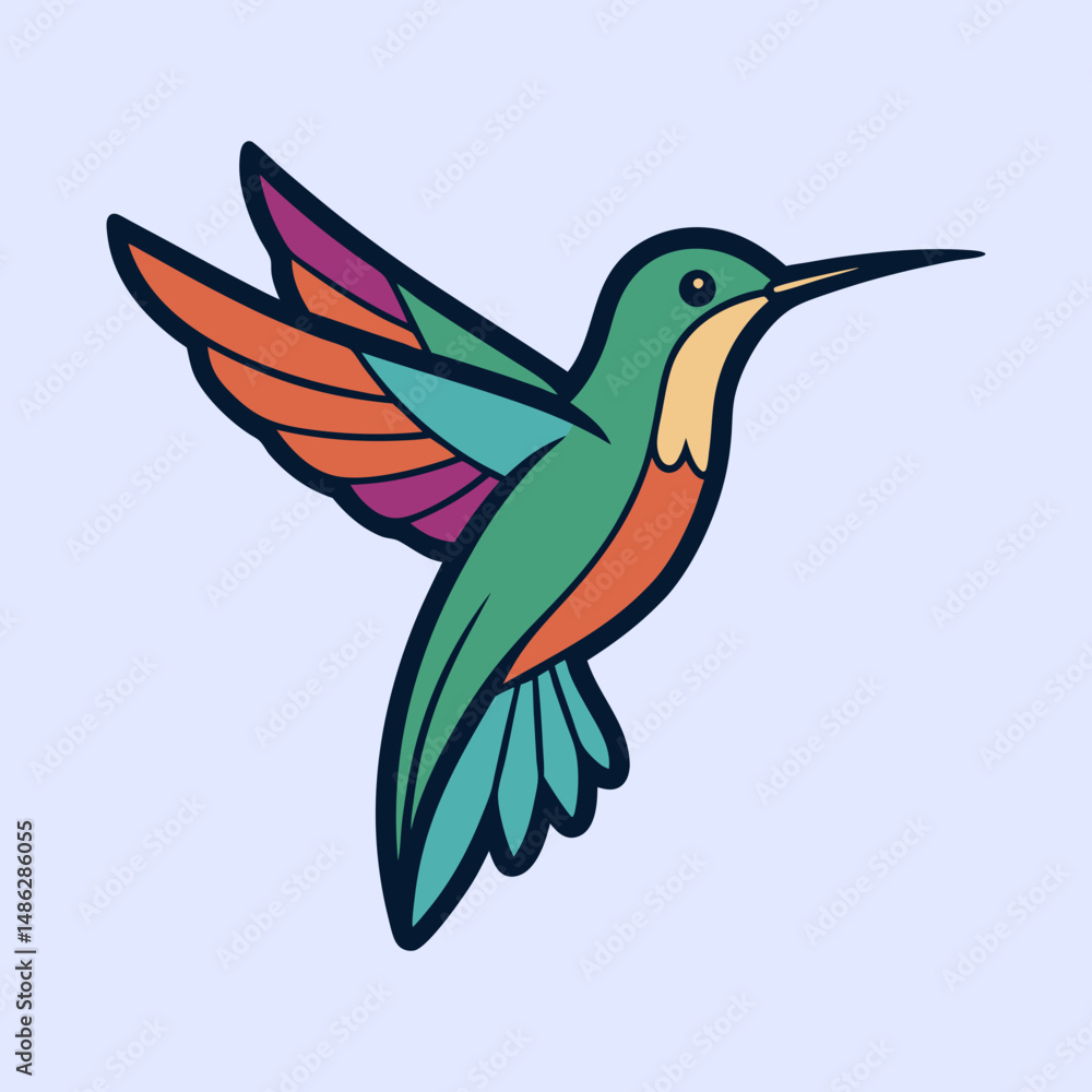 Naklejka premium Stylized hummingbird with vibrant plumage in a flight pose on light background