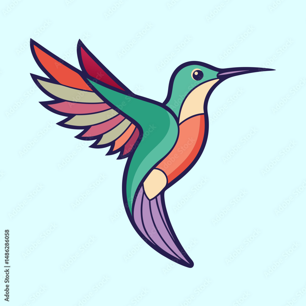 Obraz premium Stylized Vector Graphic of a Colorful Hummingbird in Flight on Light Blue