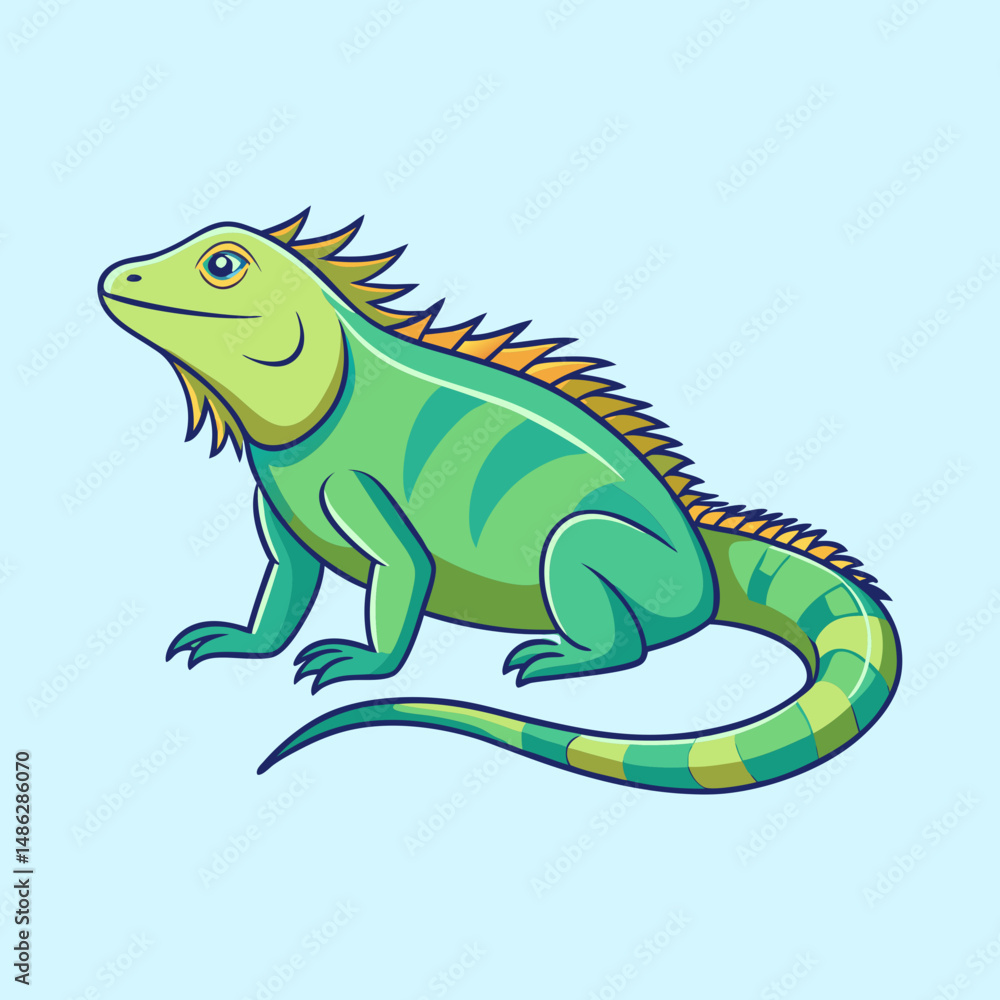 Fototapeta premium Cartoon iguana illustration with green skin, yellow spikes, and striped tail