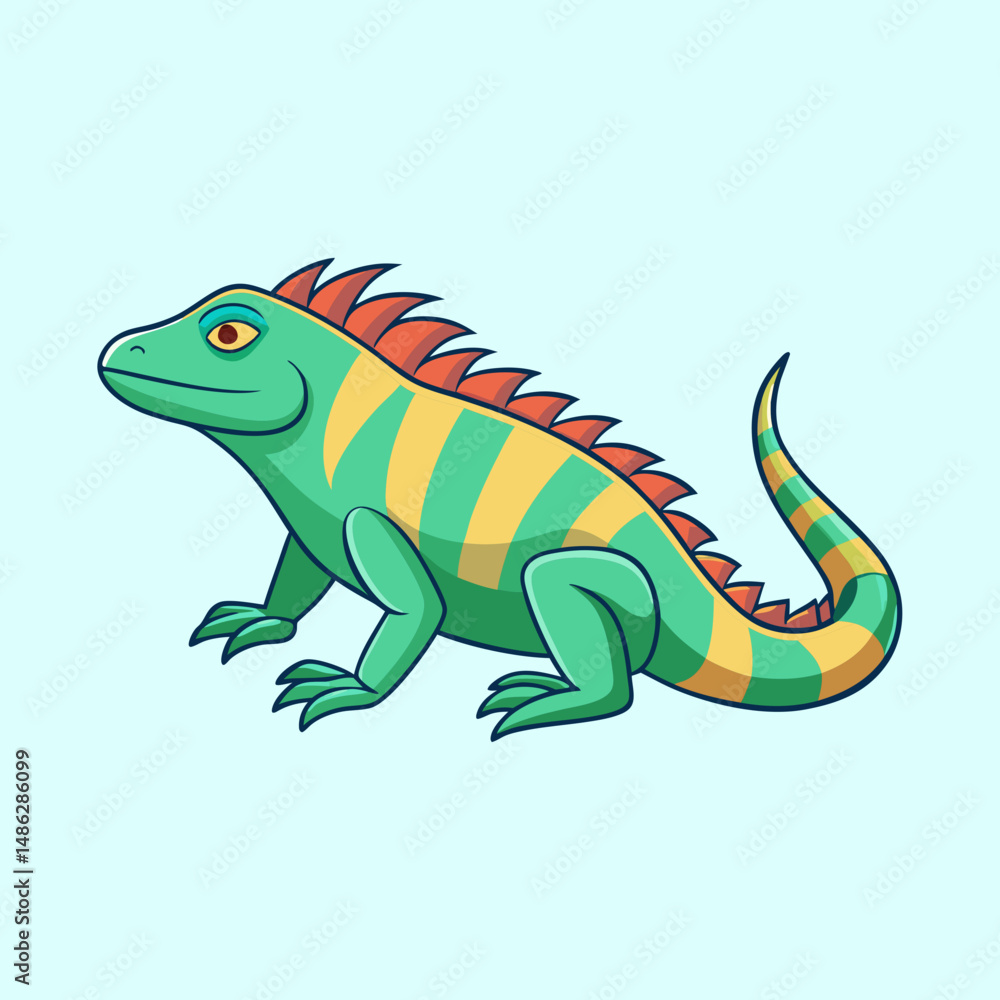 Fototapeta premium Cartoon green iguana with orange spiky back and yellow stripes illustration