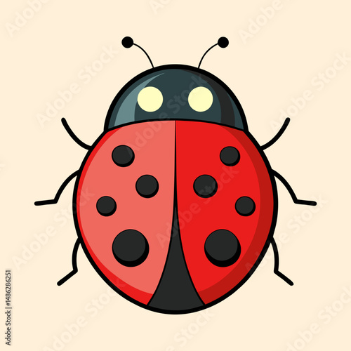 A cute and simple cartoon ladybug with a red body and black spots