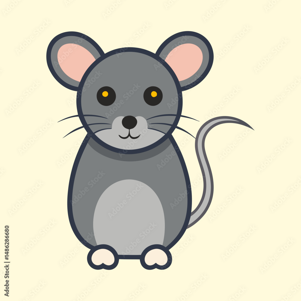 Naklejka premium Cartoon Gray Mouse Standing Upright with Big Ears and Yellow Eyes