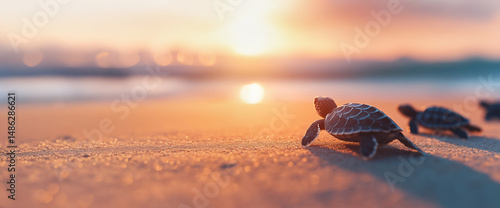 Baby sea turtle crawling on sandy beach at sunset with ocean in background. Marine conservation and nature concept. Image for environmental campaigns, travel blog. Banner with copy space