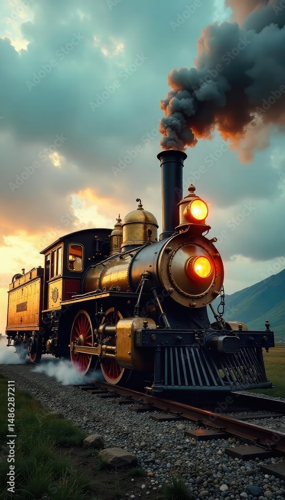 Obraz premium A gleaming golden steam engine, pistons pumping, smoke billowing dramatically against a moody sky Perfect for vintage, industrial, power, and transportation themes , travel, heritage, boiler