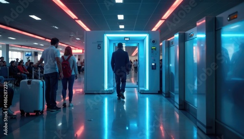 Airport security checkpoint, x-ray machine scanning luggage for concealed weapons ,  carry-on,  airport scanner