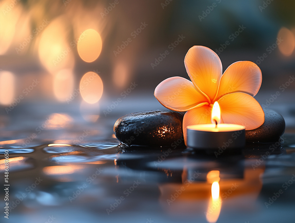 Frangipani flower, hot stones and candle in soft spa lighting with massage room background, tropical ambiance symbolizing Balinese relaxation, holistic therapy and wellness in a peaceful setting with