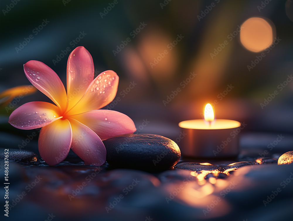 Frangipani flower, hot stones and candle in soft spa lighting with massage room background, tropical ambiance symbolizing Balinese relaxation, holistic therapy and wellness in a peaceful setting with