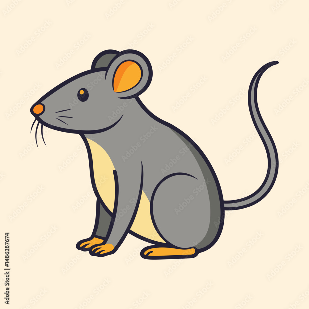 Obraz premium Cartoon Illustration of a Cute Gray Mouse Sitting on Cream Background