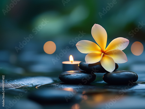 Obraz na płótnie Frangipani flower, hot stones and candle in soft spa lighting with massage room background, tropical ambiance symbolizing Balinese relaxation, holistic therapy and wellness in a peaceful setting with w salonie