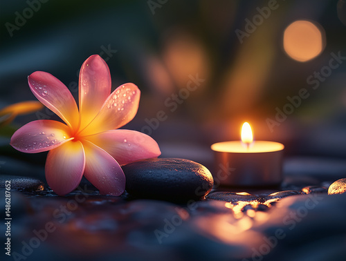 Frangipani flower, hot stones and candle in soft spa lighting with massage room background, tropical ambiance symbolizing Balinese relaxation, holistic therapy and wellness in a peaceful setting with 