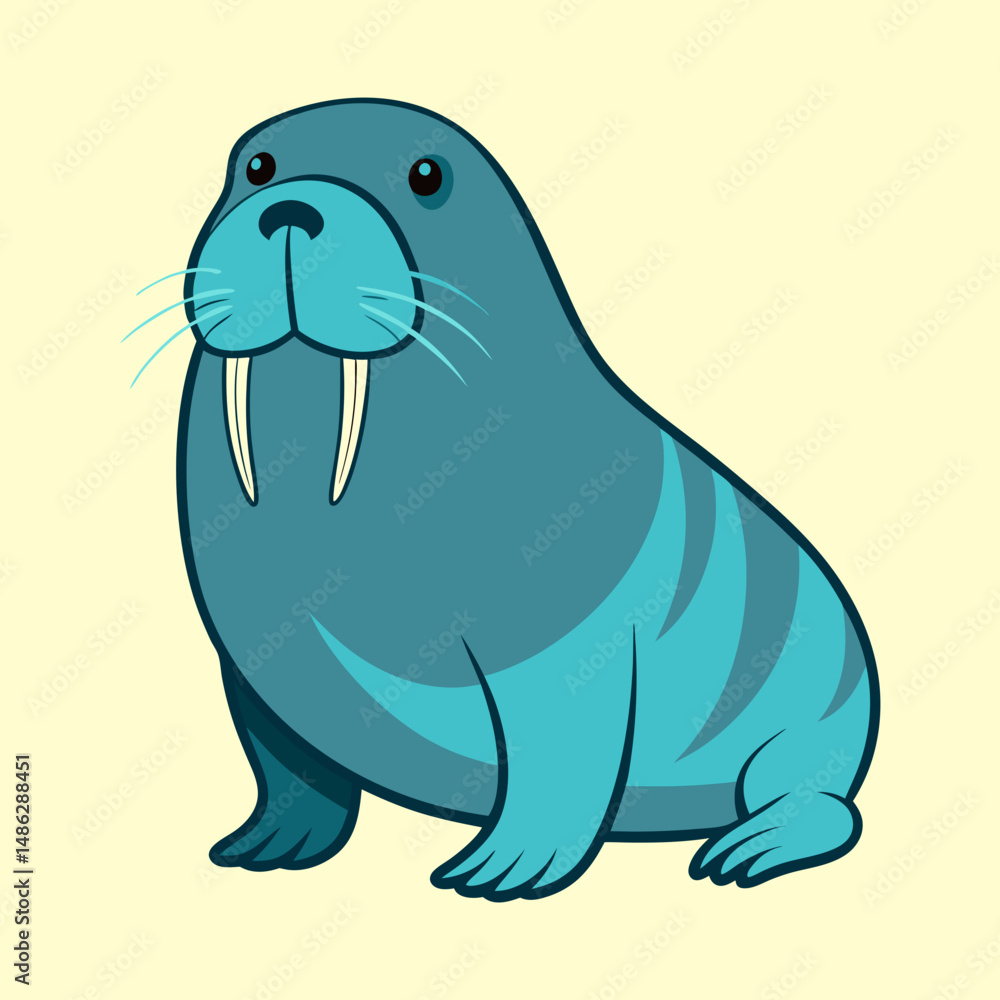 Fototapeta premium A cartoon walrus with big tusks sitting against a light background