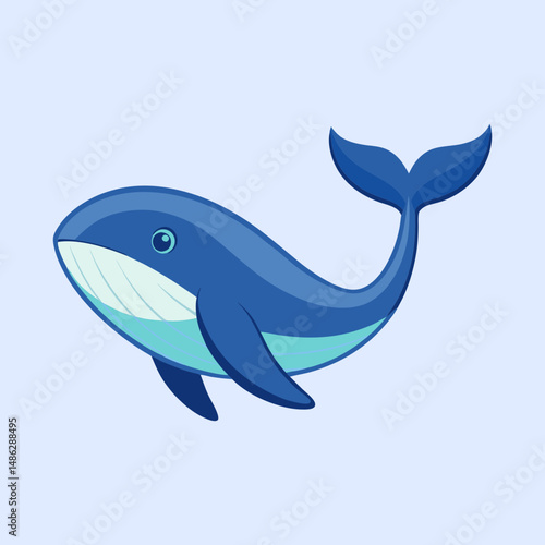 Cartoon blue whale with light blue belly on light blue background