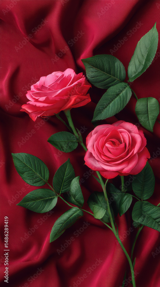 custom made wallpaper toronto digitalTwo elegant coral roses rest beautifully against a backdrop of draped, luxurious red silk creating a romantic and visually captivating still life composition.