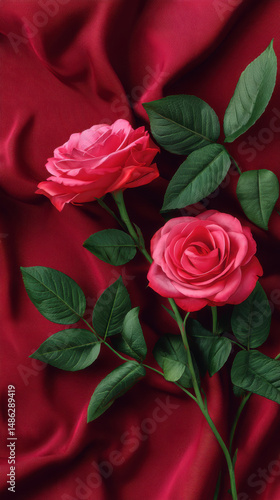 Wallpaper Mural Two elegant coral roses rest beautifully against a backdrop of draped, luxurious red silk creating a romantic and visually captivating still life composition. Torontodigital.ca