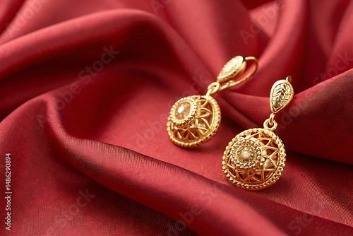 Two intricate gold jhumka earrings with delicate detailing rest on a rich red satin fabric, showcasing traditional elegance.