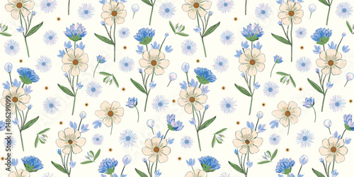 Repeating Floral Pattern With Blue, White, And Light Yellow Flowers On A Pale Background.
