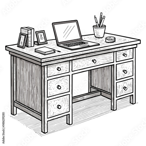 Wooden desk with laptop, books, and stationery in modern style  