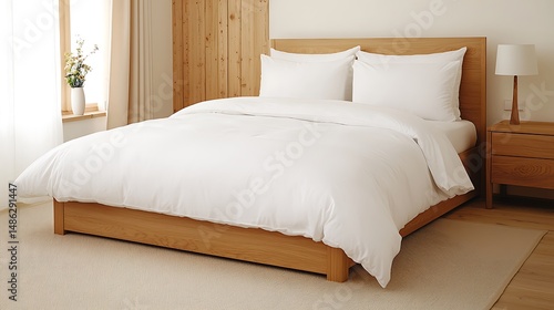 Minimalist Bedroom Scene  Clean White Bedding on Wooden Frame with Natural Light and Simple Decor