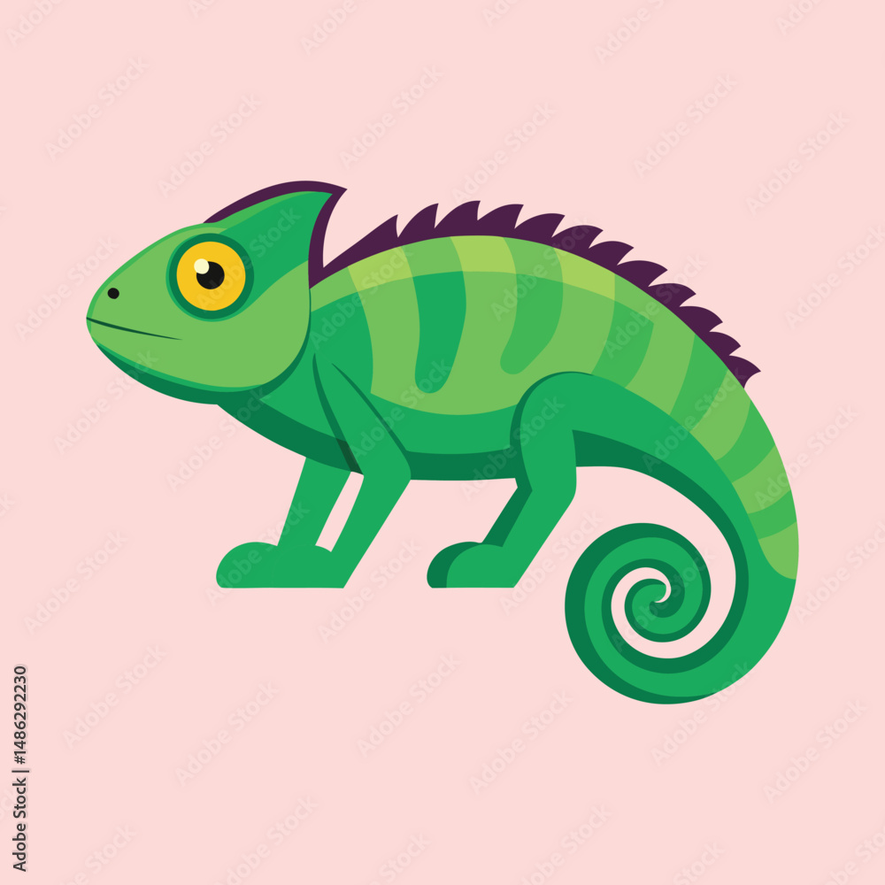 Cartoon illustration of a green chameleon with striped pattern and curled tail Cartoon illustration of a green chameleon with striped pattern and curled tail