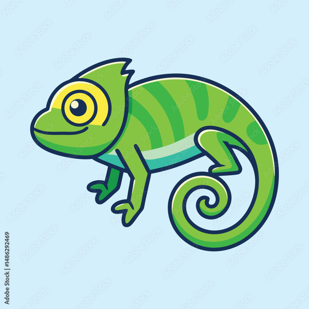 Cartoon Illustration of a Cute Green Chameleon with Large Yellow Eyes Cartoon Illustration of a Cute Green Chameleon with Large Yellow Eyes
