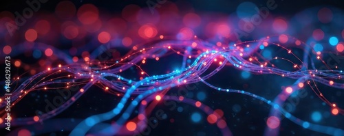 Close-up shot of a tangled web of fiber optic cables, glowing brightly against a dark background, symbolizing the complex interconnectedness of the internet , information technology, global network