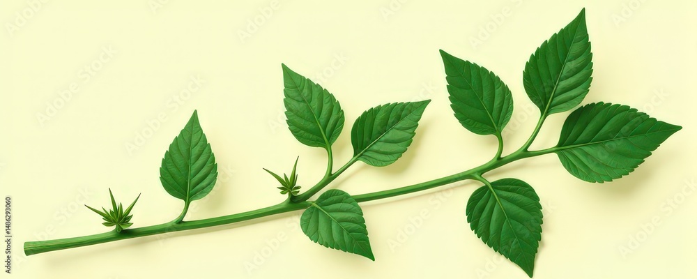 Obraz premium Green leafy plant stem on yellow background.