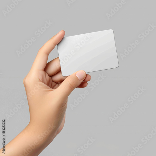 Human hand presenting blank white credit card angled view neutral background