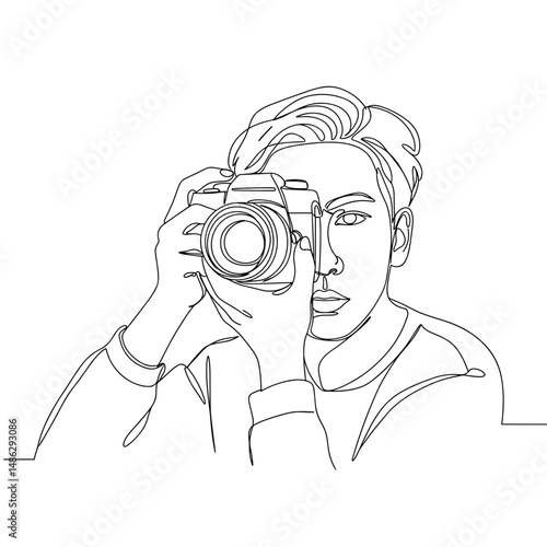 Young man taking photo with camera in minimalist line drawing style - Concept of profession  