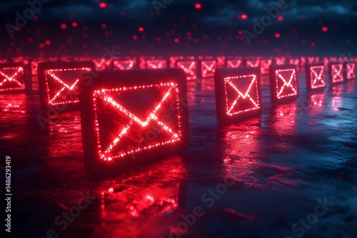Digital Communication Concept: Glowing Red Email Icons in Futuristic Landscape for Tech and Networking Design