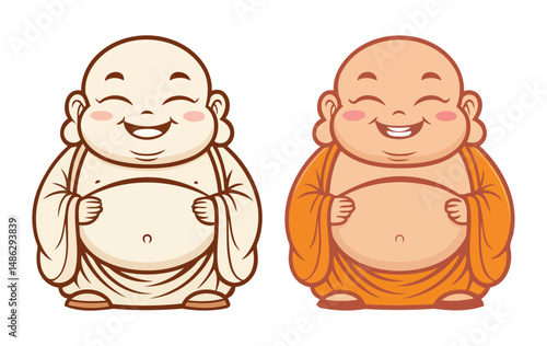 Cute Laughing Buddha Cartoon Pair – Outline and Colored Versions with Big Belly and Smiling Face on Transparent Background