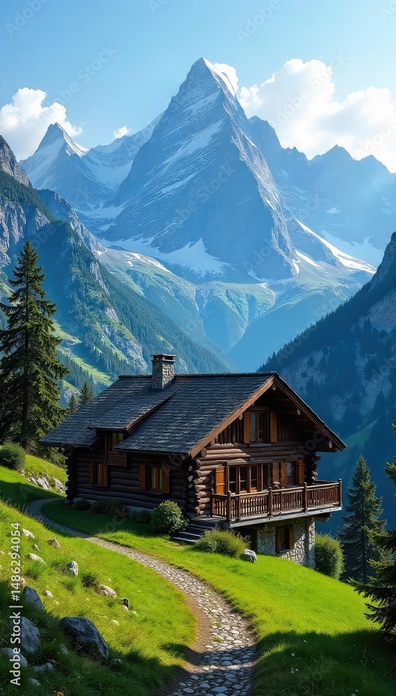 Cozy mountain chalet nestled amidst towering peaks, offering breathtaking views and rustic charm Perfect for a peaceful escape or adventurous getaway , fireplace, hills, architecture Cozy mountain chalet nestled amidst towering peaks, offering breathtaking views and rustic charm Perfect for a peaceful escape or adventurous getaway , fireplace, hills, architecture