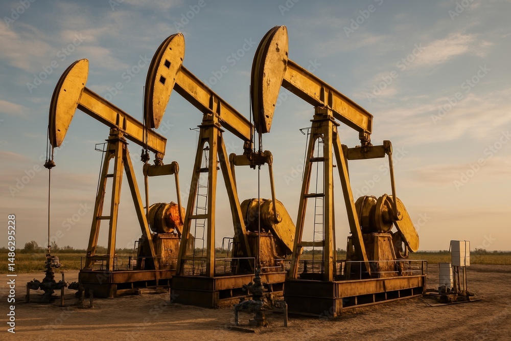 Oil pumpjacks in rural landscape. Oil pumpjacks in rural landscape.