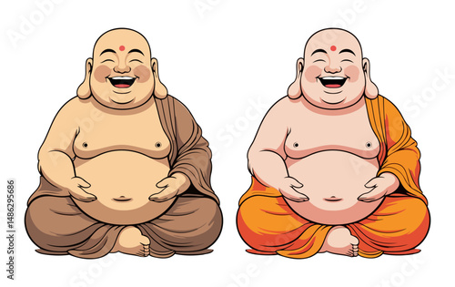 Laughing Buddha Illustration in Two Robe Colors – Brown and Orange Monk on Transparent Background