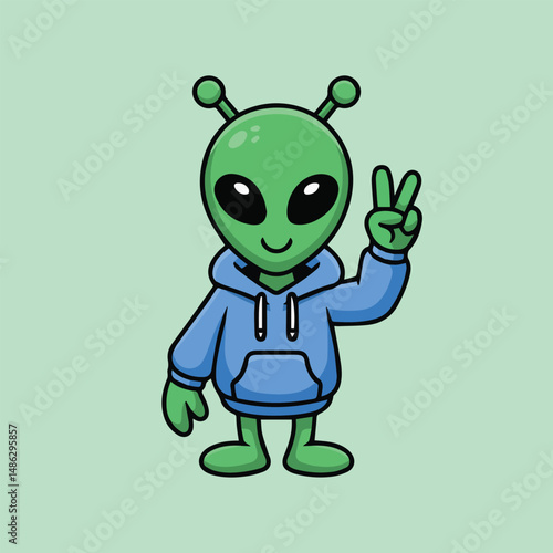 Cute cartoon alien in a blue hoodie making a peace sign. Minimalist green character with big eyes on a mint background. Fun kawaii design perfect for kids and stickers.