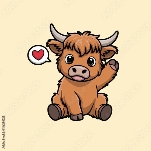 Cute baby Highland cow with fluffy brown fur, big eyes, and raised paw. Cartoon vector on cream background with heart speech bubble. Perfect for kids? prints and decor.