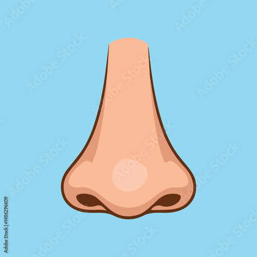 Minimalist cartoon-style human nose illustration with peach-pink color, brown outlines, soft shading, and glossy 3D look. Centered on a light blue background.