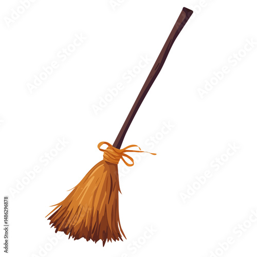 Witch Broomstick 2D flat vector illustration, isolated on a white background.