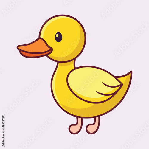 Cute cartoon yellow rubber ducky with orange beak on lavender background