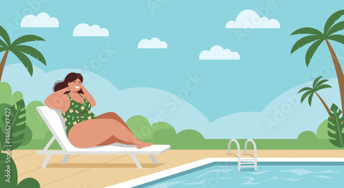 A plump woman relaxes by the pool in a tropical setting on a summer day