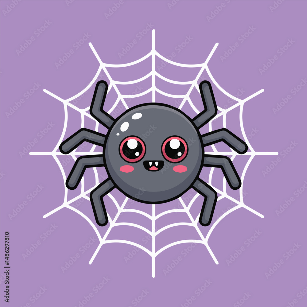 Cute kawaii-style cartoon spider with red eyes and a smile, centered on a white web over a solid purple background. Minimalist design with clean lines and soft shading. Cute kawaii-style cartoon spider with red eyes and a smile, centered on a white web over a solid purple background. Minimalist design with clean lines and soft shading.