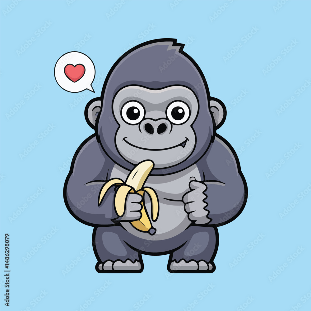 Fototapeta premium Cute cartoon gorilla with gray body, big black eyes, and a banana, smiling under a speech bubble with a red heart. Child-friendly design on solid light blue background.