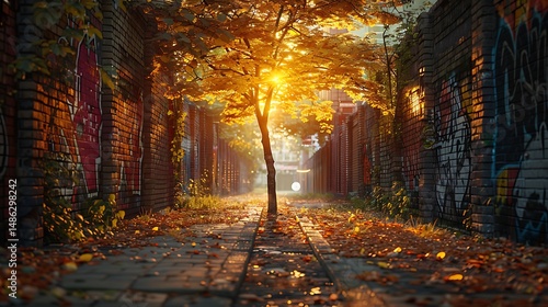 Urban alley tree illuminated by evening sunlight high resolution image