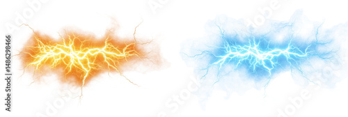 Electric lightning bolts in orange and blue colors with glowing effects, isolated on transparent background, png