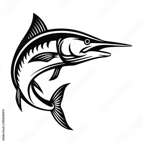 Black and White Marlin Silhouette, Fish Icon, Nautical Design, Marine Life